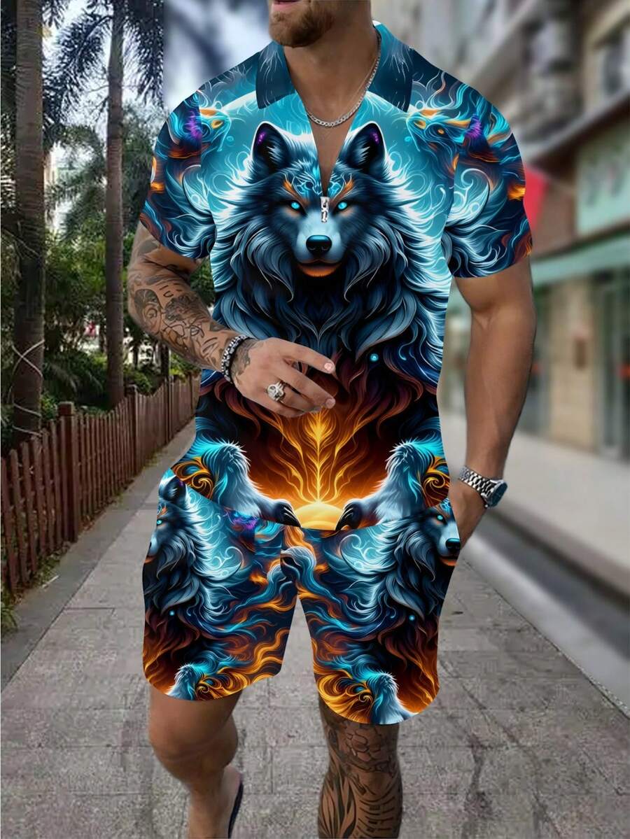Men's Fashion 3D Wolf Print Zi - Street Fashion Styles review and price